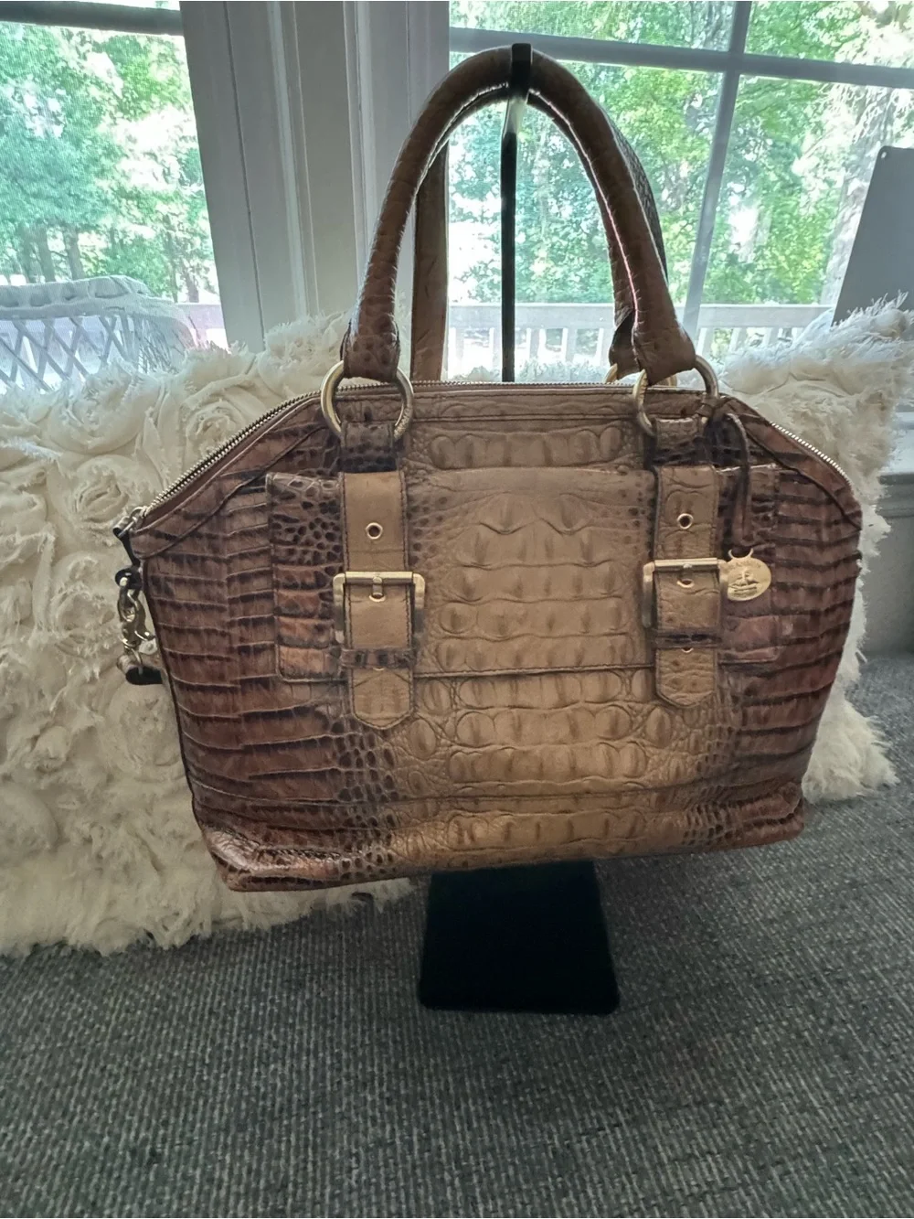 Brahmin Melbourne Large Leather Satchel – Pecan Croc Embossed